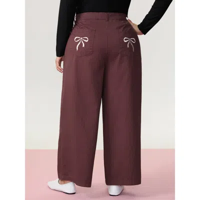 Bloomchic Women's Plus Size Cotton Bow Embroidery Pockets Plain Pants Plum Solid Straight Fit Mid Rise Casual  In Purple