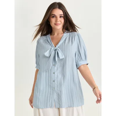 Bloomchic Women's Plus Size Cotton Bowknot Neckline Button-down Blouse Lightblue Stripes Office Short Sleeve T In Blue