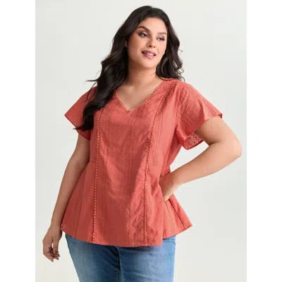 Bloomchic Women's Plus Size Cotton Breezy Eyelet Textured Blouse Coral Solid Casual Short Sleeve V-neck 10/m In Orange