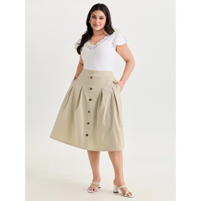 Bloomchic Women's Plus Size Cotton Button Detail Pleated Solid Midi Skirt Beige Smocked Flared Elegant 10/m In Sand