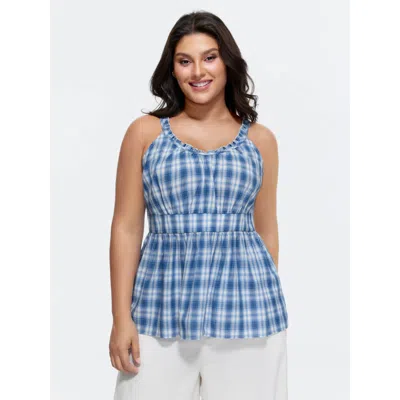 Bloomchic Women's Plus Size Cotton Check Print Fit And Flare Tank Top Mediumblue Casual A-line U-neck 10/m