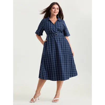 Bloomchic Women's Plus Size Cotton Checked Print Wrap Neckline Belted Midi Dress Indigo Plaid Midi Office Over In Purple