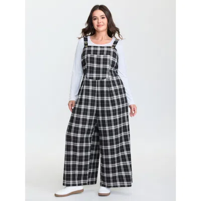 Bloomchic Women's Plus Size Cotton Checkered Overall Straps Jumpsuit Black Casual 12/l