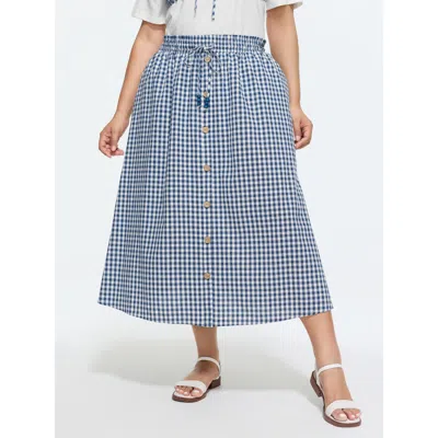 Bloomchic Women's Plus Size Cotton Checkered Print Shirred Drawstring Waist Maxi Skirt Darkblue Lace-up Non Ca In Blue