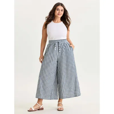 Bloomchic Women's Plus Size Cotton Checkered Print Wide Leg Pants Indigo Plaid Wide Leg Mid Rise Casual 12/l In Purple