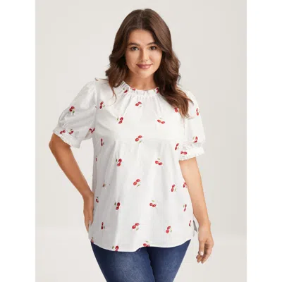 Bloomchic Women's Plus Size Cotton Cherry Embroidery Ruffled Neck Blouse Whitesmoke Fruit Elegant Short Sleeve