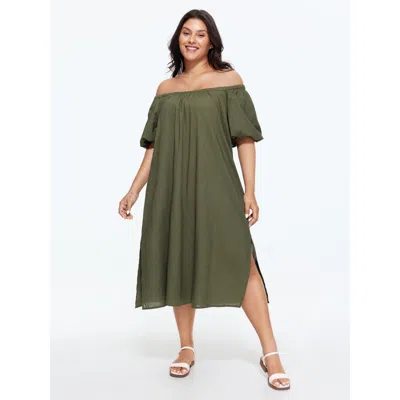 Bloomchic Women's Plus Size Cotton Cold-shoulder Puff Sleeve Midi Dress Armygreen Solid Midi Casual Smocked 18