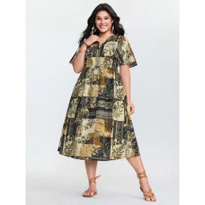 Bloomchic Women's Plus Size Cotton Collage Print Notched Collar Midi Dress Browncoffeecolor Bohemian Print Mid