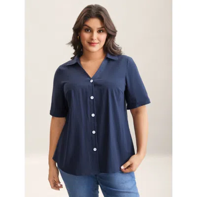 Bloomchic Women's Plus Size Cotton Collar Button Placket Blouse Indigo Solid Casual Short Sleeve Collared Neck In Purple