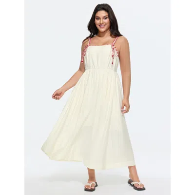 Bloomchic Women's Plus Size Cotton Color Contrast Shoulder Tie Maxi Dress Ivory Solid Maxi Casual Lace-up 22-2 In White