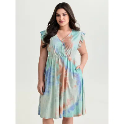 Bloomchic Women's Plus Size Cotton Color Gradient Wrap Neckline Midi Dress Multicolor Tie-dye Midi Casual Wrap