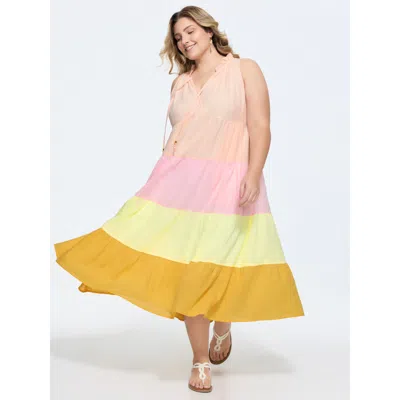 Bloomchic Women's Plus Size Cotton Colorblock Tiered V-neck Maxi Dress Multicolor Color Block Maxi Vacation La