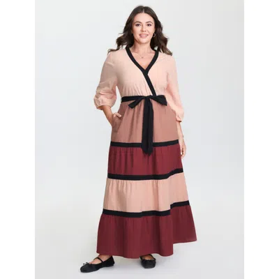 Bloomchic Women's Plus Size Cotton Colorblock Tiered Wrap Maxi Dress Multicolor Solid Maxi Casual Colorblock 1