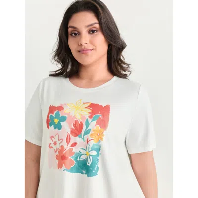 Bloomchic Women's Plus Size Cotton Colorful Floral Print Round Neck T-shirt Opticwhite Floral Casual Short Sle In White