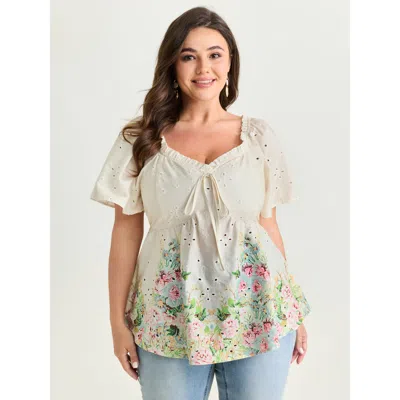 Bloomchic Women's Plus Size Cotton Colorful Floral Textured Hem Blouse Mistyrose Floral Elegant Short Sleeve V