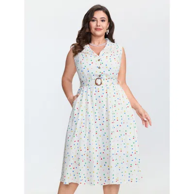 Bloomchic Women's Plus Size Cotton Colorful Heart Print Belted Midi Dress Ivory Heart Midi Elegant Gathered 28 In White