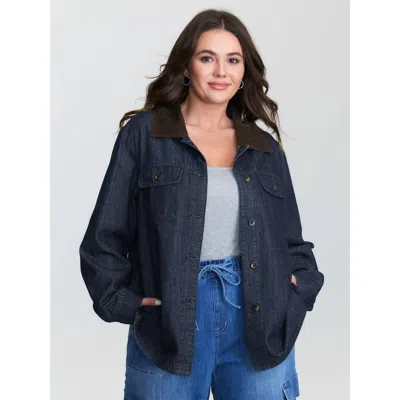 Bloomchic Women's Plus Size Cotton Contrast Collar Button-down Denim Top Darkindigo Not Graphics Long Sleeve C In Purple