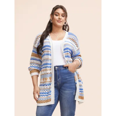 Bloomchic Women's Plus Size Cotton Contrast Striped Cut Out Cardigan Lightblue Long Sleeve 18-20/2x In Blue