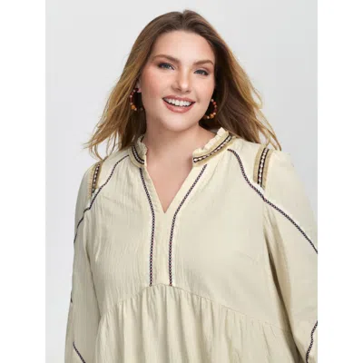 Bloomchic Women's Plus Size Cotton Contrast Webbing Notched Collar Blouse Apricot Stripes Vacation Long Sleeve In Orange