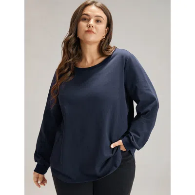 Bloomchic Women's Plus Size Cotton Curved Hem Elastic Cuffs Sweatshirt Indigo Plain Dailywear 14-16/1x In Purple
