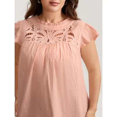 Bloomchic Women's Plus Size Cotton Cut-out Lace Ruffled Neck Blouse Crepe Solid Elegant Short Sleeve Round Nec
