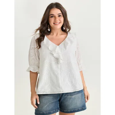 Bloomchic Women's Plus Size Cotton Cut-out Lotus Leaf Neckline Blouse Whitesmoke Solid Vacation 3/4 Sleeve V-n