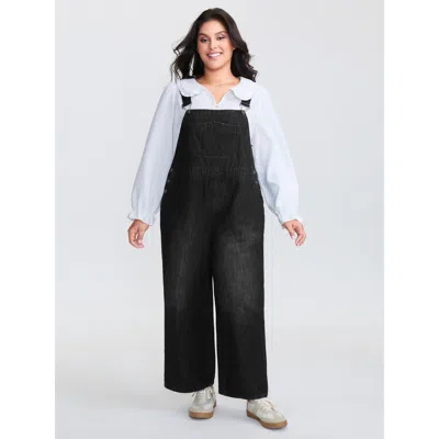 Bloomchic Women's Plus Size Cotton Denim Adjustable Strap Pocketed Jumpsuit Acidwashblack Not Graphics Casual 