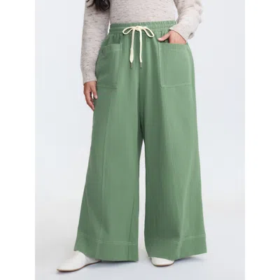 Bloomchic Women's Plus Size Cotton Distress Washed Drawstring Waist Pants Moss Non Wide Leg Mid Rise Casual 10 In Green
