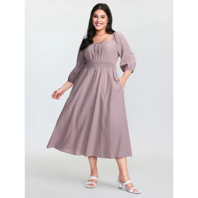 Bloomchic Women's Plus Size Cotton Drawstring Neckline Shirred Waist Midi Dress Lilac Synthetic Texture Midi E In Purple
