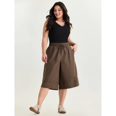 Bloomchic Women's Plus Size Cotton Drawstring Waist Capri Pants Darkbrown Solid Wide Leg Mid Rise Casual 10/m In Brown