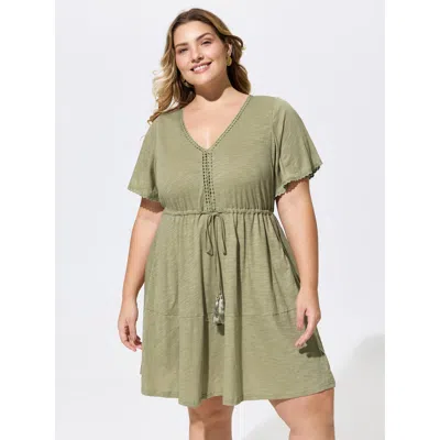Bloomchic Women's Plus Size Cotton Drawstring Waist Easy-fit Knit Mini Dress Sage Vacation Knee Length Patchwo In Green