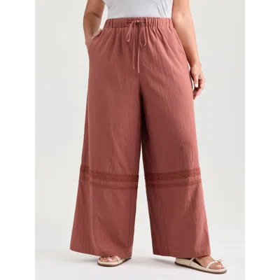 Bloomchic Women's Plus Size Cotton Drawstring Waist Lace Trim Pants Rust Non Wide Leg Mid Rise Casual 10/m In Brown