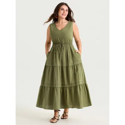 Bloomchic Women's Plus Size Cotton Drawstring Waist Tiered Maxi Dress Moss Solid Maxi Vacation Lace-up 12/l In Green