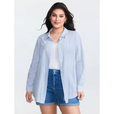 Bloomchic Women's Plus Size Cotton Embroidered Button-down Blouse Lightblue Synthetic Texture Casual Extra Lon In Blue