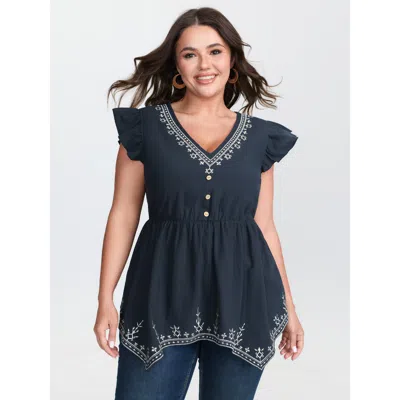 Bloomchic Women's Plus Size Cotton Embroidered Flutter Sleeve High-low Hem Blouse Midnight Ethnic Floral Vacat In Blue