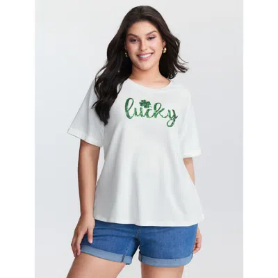 Bloomchic Women's Plus Size Cotton Embroidered Lucky Pattern T-shirt Originalwhite Non Casual Short Sleeve 10/