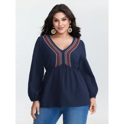 Bloomchic Women's Plus Size Cotton Embroidered Neckline Babydoll Blouse Indigo Bohemian Print Vacation Long Sl In Purple