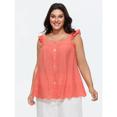 Bloomchic Women's Plus Size Cotton Embroidered Ruffled Strap Tank Top Coral Casual A-line Square Neck 10/m In Orange