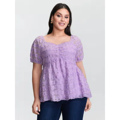 Bloomchic Women's Plus Size Cotton Embroidered Sweetheart Neckline Flared Blouse Lilac Synthetic Texture Elega In Purple