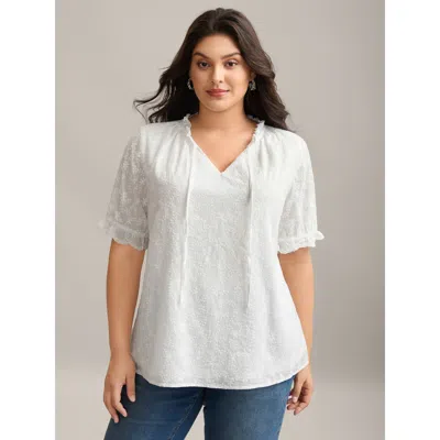 Bloomchic Women's Plus Size Cotton Embroidery Notched Neck Tie Shirt Whitesmoke Ditsy Floral Elegant Short Sle