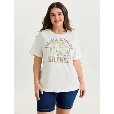Bloomchic Women's Plus Size Cotton Endless Summer Print Round Neck T-shirt Whitesmoke Solid Casual Short Sleev