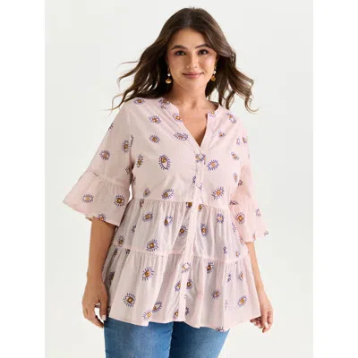 Bloomchic Women's Plus Size Cotton Eye Print Tiered Open-front Shirt Nudepink Vacation 3/4 Sleeve V-notch Neck