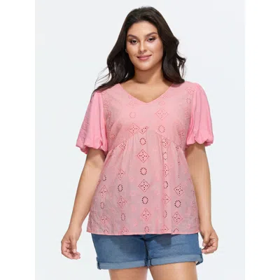 Bloomchic Women's Plus Size Cotton Eyelet Embroidered V-neck Bubble Sleeve Blouse Blush Solid Casual Short Sle In Pink