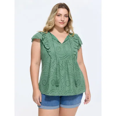 Bloomchic Women's Plus Size Cotton Eyelet Textured Ruffled Detail Blouse Malachitegreen Solid Casual Cap Sleev
