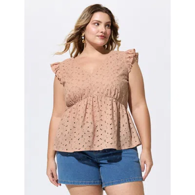 Bloomchic Women's Plus Size Cotton Eyelet Trim Flutter Sleeve Blouse Nudepink Solid Vacation Cap Sleeve Deep V