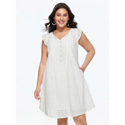 Bloomchic Women's Plus Size Cotton Eyelet Trim Neck-tie Pleated Mini Dress Originalwhite Solid Knee Length Vac