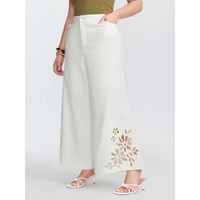 Bloomchic Women's Plus Size Cotton Floral Cutwork Embroidered Hem Pants Whitesmoke Synthetic Texture Wide Leg 