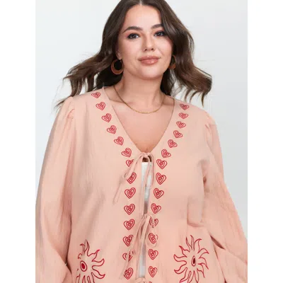 Bloomchic Women's Plus Size Cotton Floral Embroidered Double-tie Blouse Nudepink Stars And Moons Vacation Long