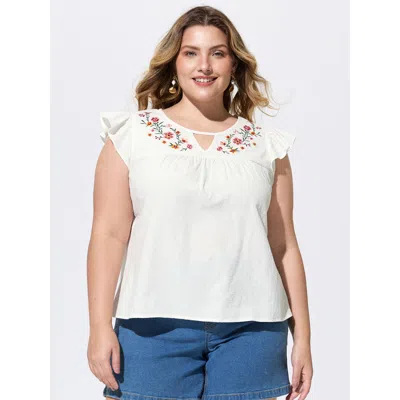 Bloomchic Women's Plus Size Cotton Floral Embroidered Flutter Sleeve Plain Blouse Originalwhite Solid Vacation