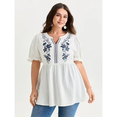 Bloomchic Women's Plus Size Cotton Floral Embroidered Notched Collar Blouse Originalwhite Vacation 12/l
